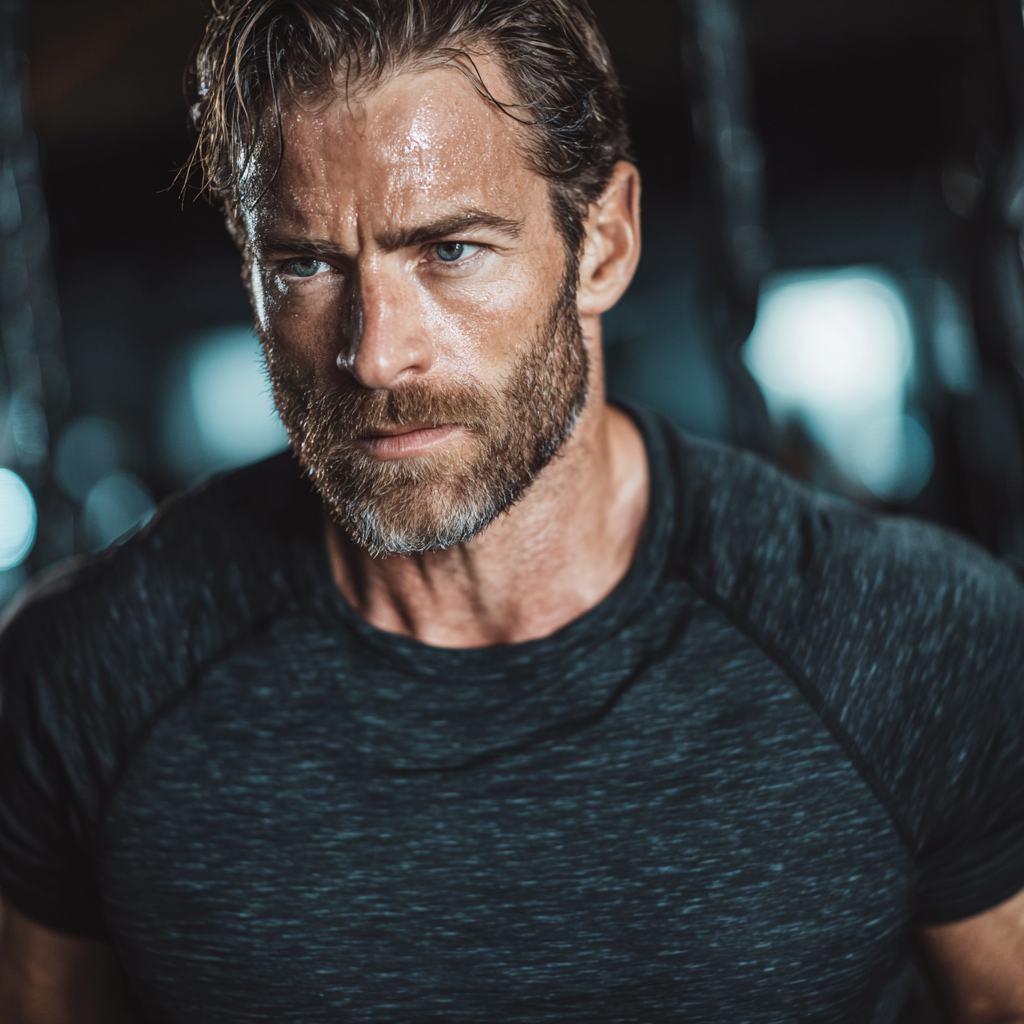 Athletic man in gym setting showing determination and physical strength
